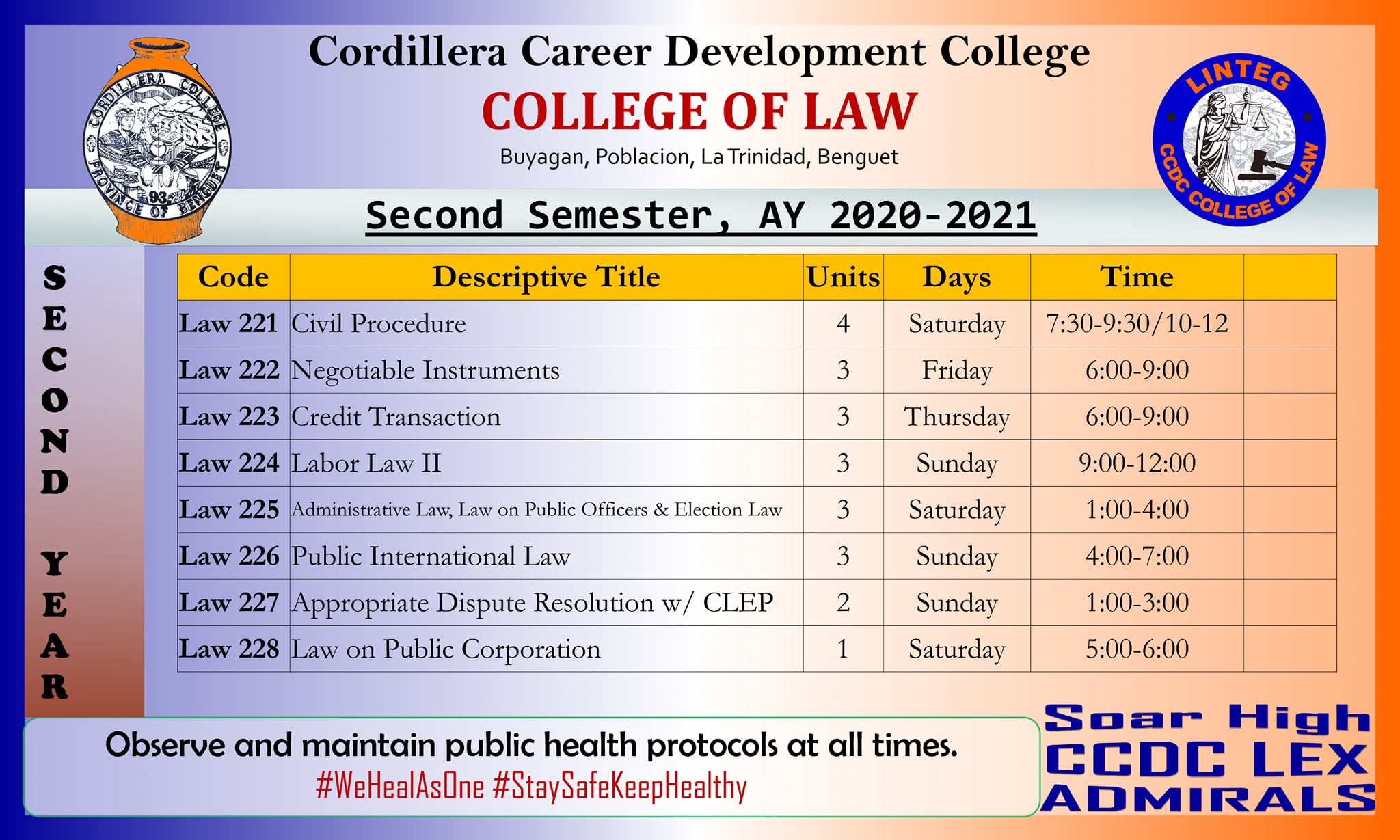College of Law Subject Schedules for Second Semester SY 20202021
