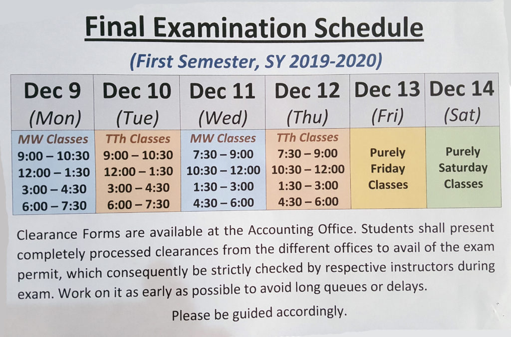 College Final Examination Schedule Cordillera Career Development College