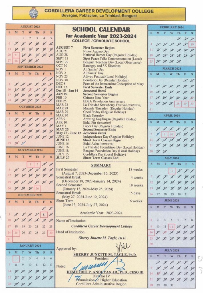 Academic and Activities Calendar 20232024 Cordillera Career